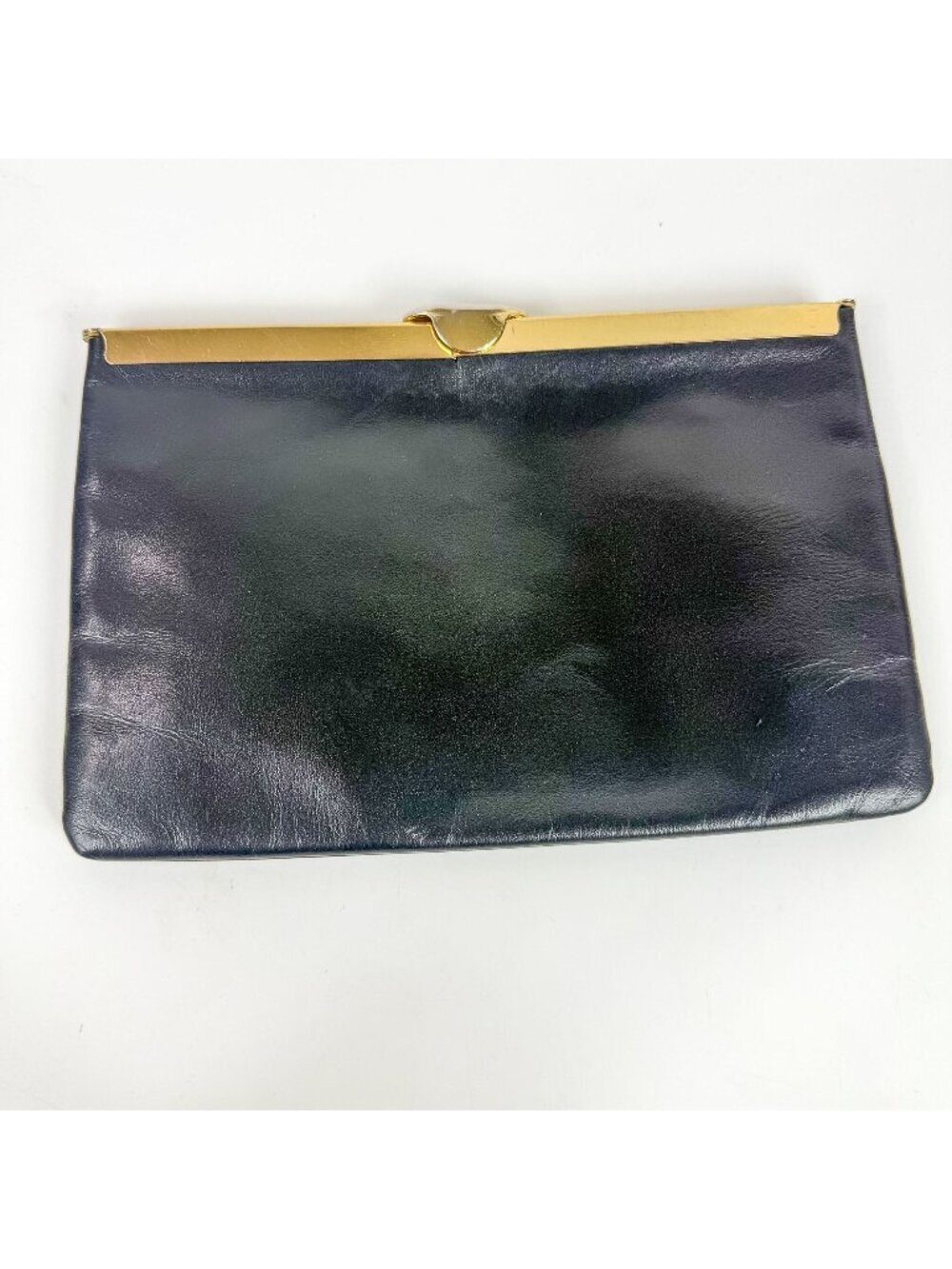Vintage Etra Genuine Leather Black Envelope Gold Trim Clutch Purse